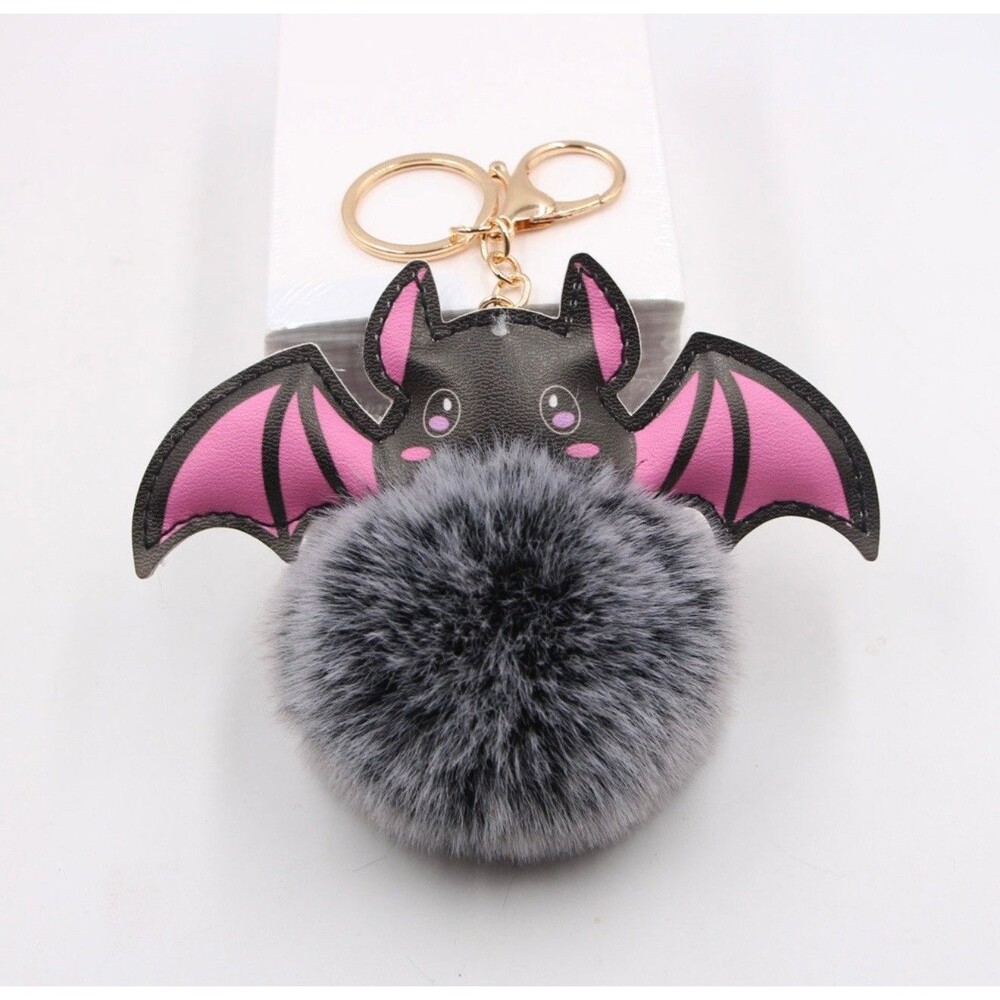 Halloween Bat Pom Pom Keychain Gray Faux Fur Plush Bag Charm Gothic Cute NEW - Picture 5 of 7